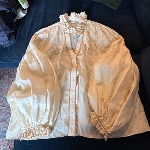 Chic Cream Peasant Blouse with Ruffle and Beaded Accents